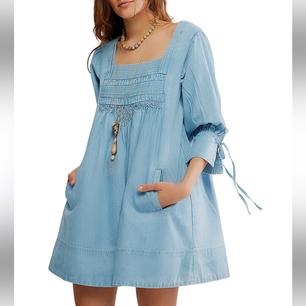 Free People Light Blue Smocked Mini Dress NWT